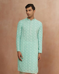 alt message - Manyavar Men Seafoam Green Chikankari Kurta Pajama image number 1