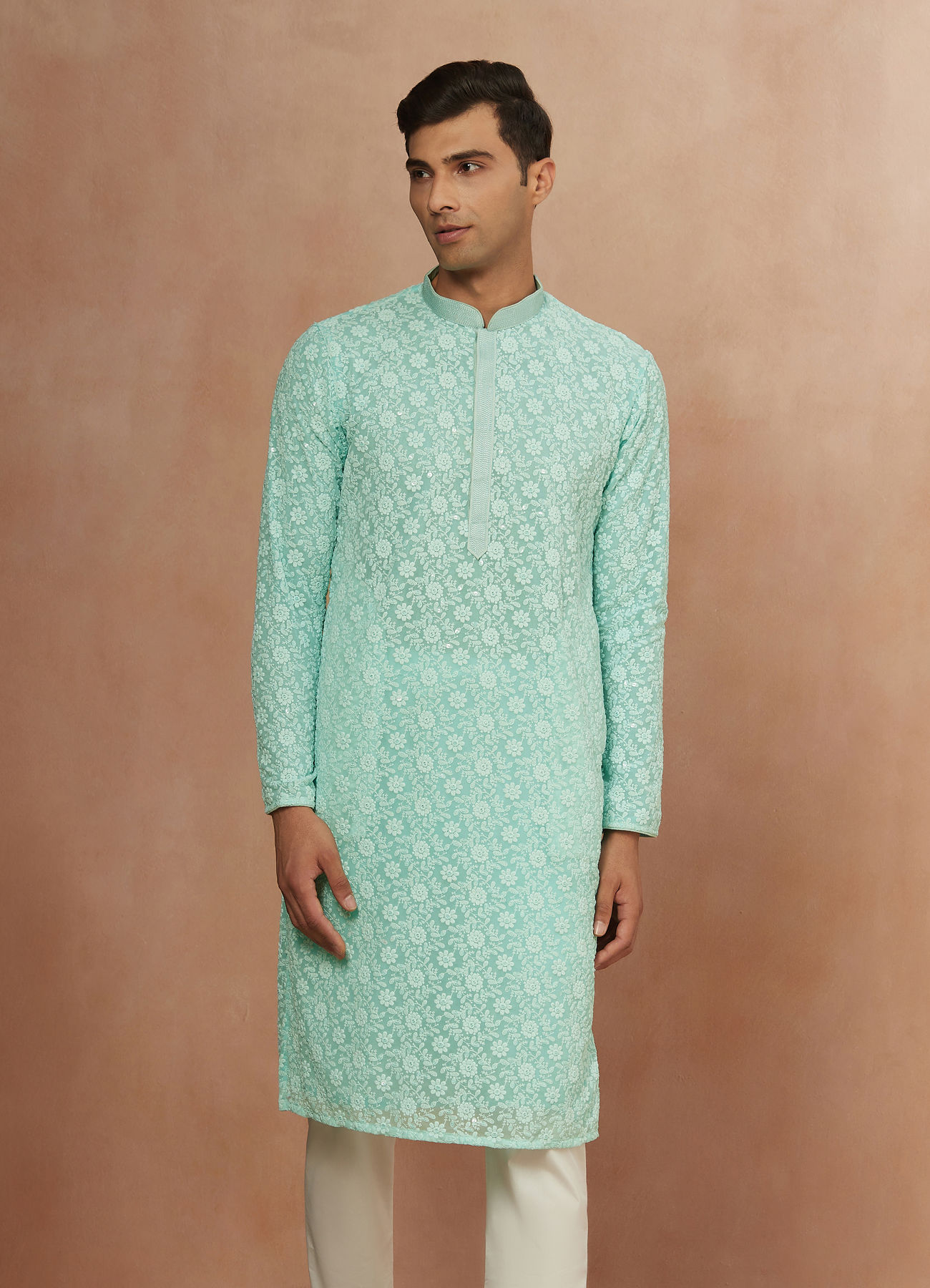 Manyavar Men Seafoam Green Chikankari Kurta Pajama