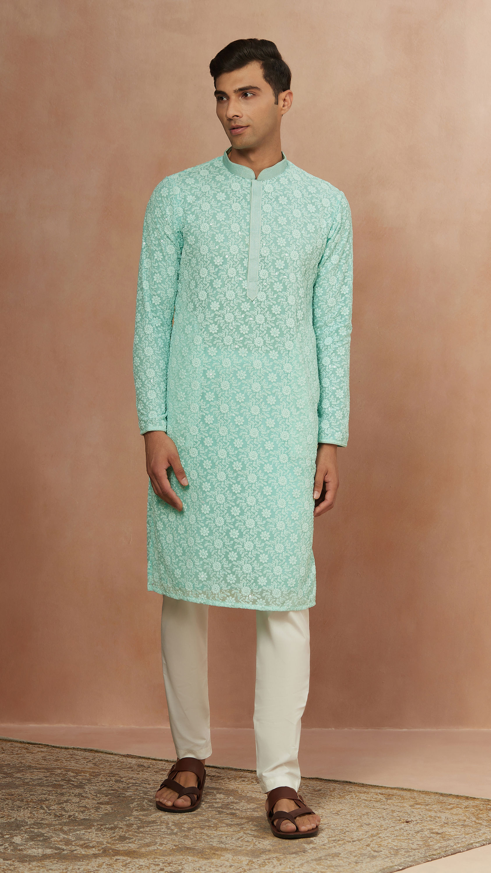 Manyavar Men Seafoam Green Chikankari Kurta Pajama