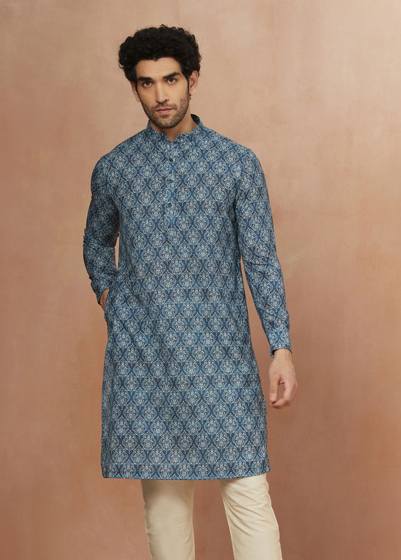 Manyavar Men Sapphire Blue Printed Kurta