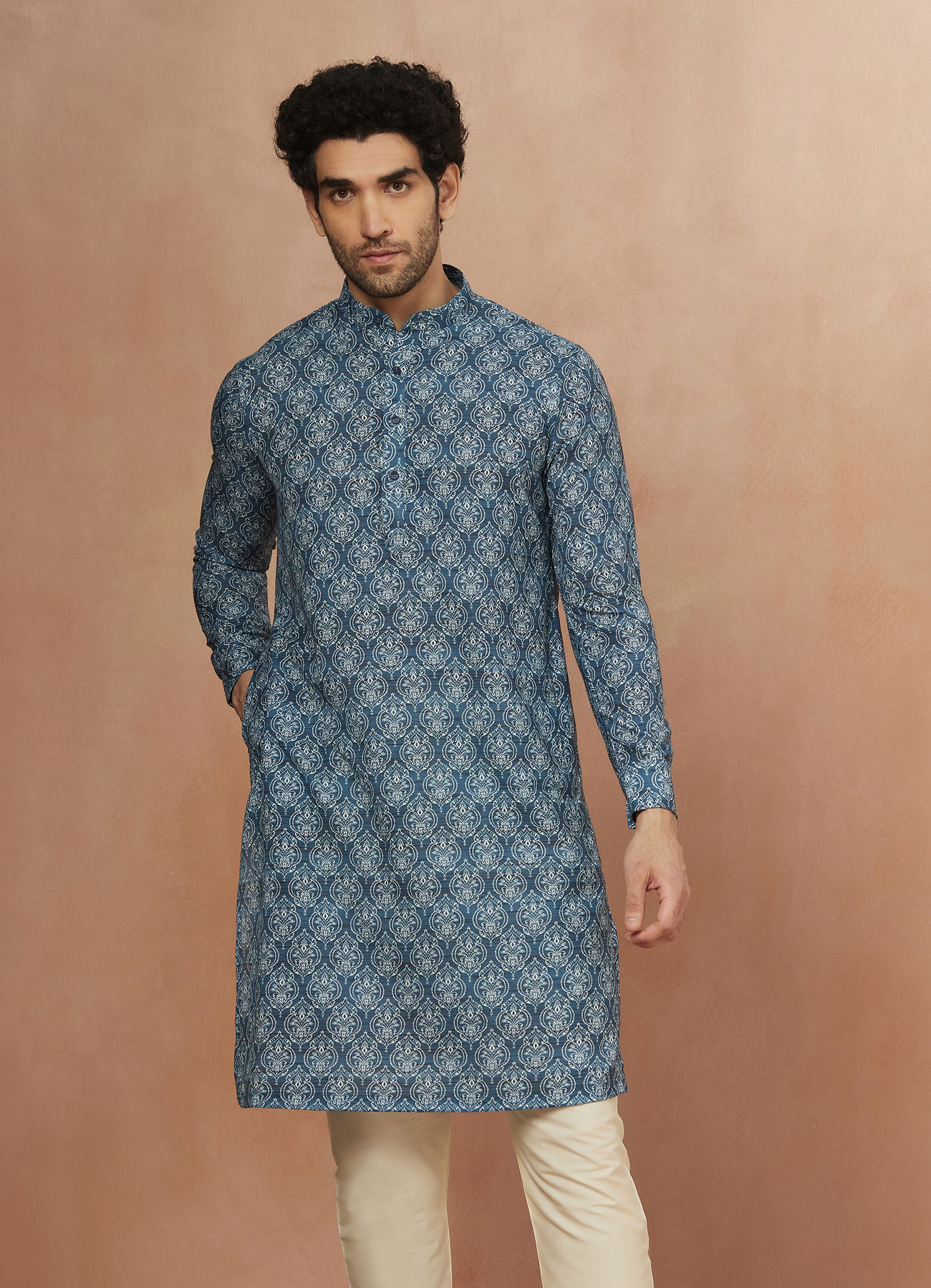 Manyavar Men Sapphire Blue Printed Kurta