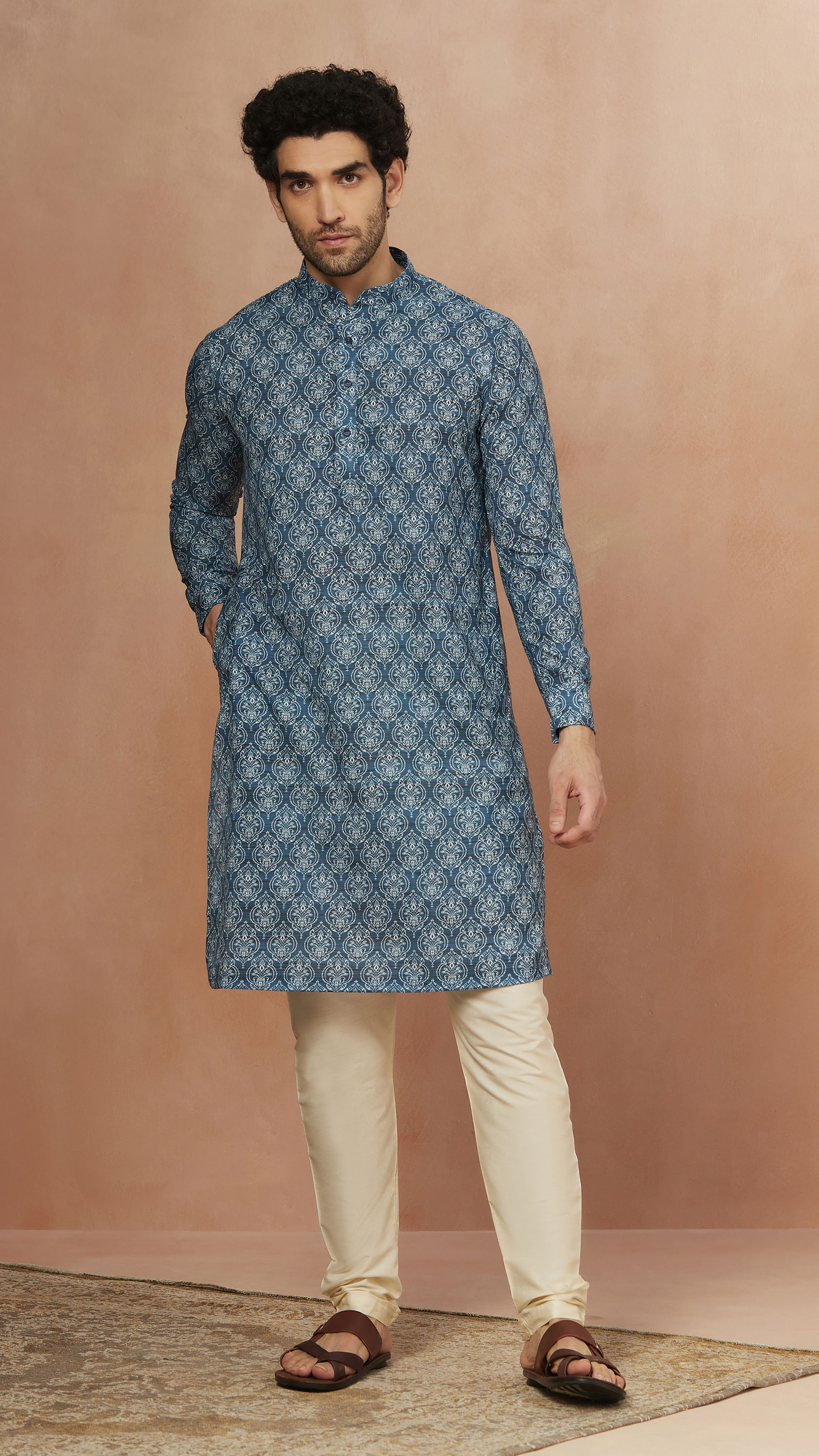 Manyavar Men Sapphire Blue Printed Kurta