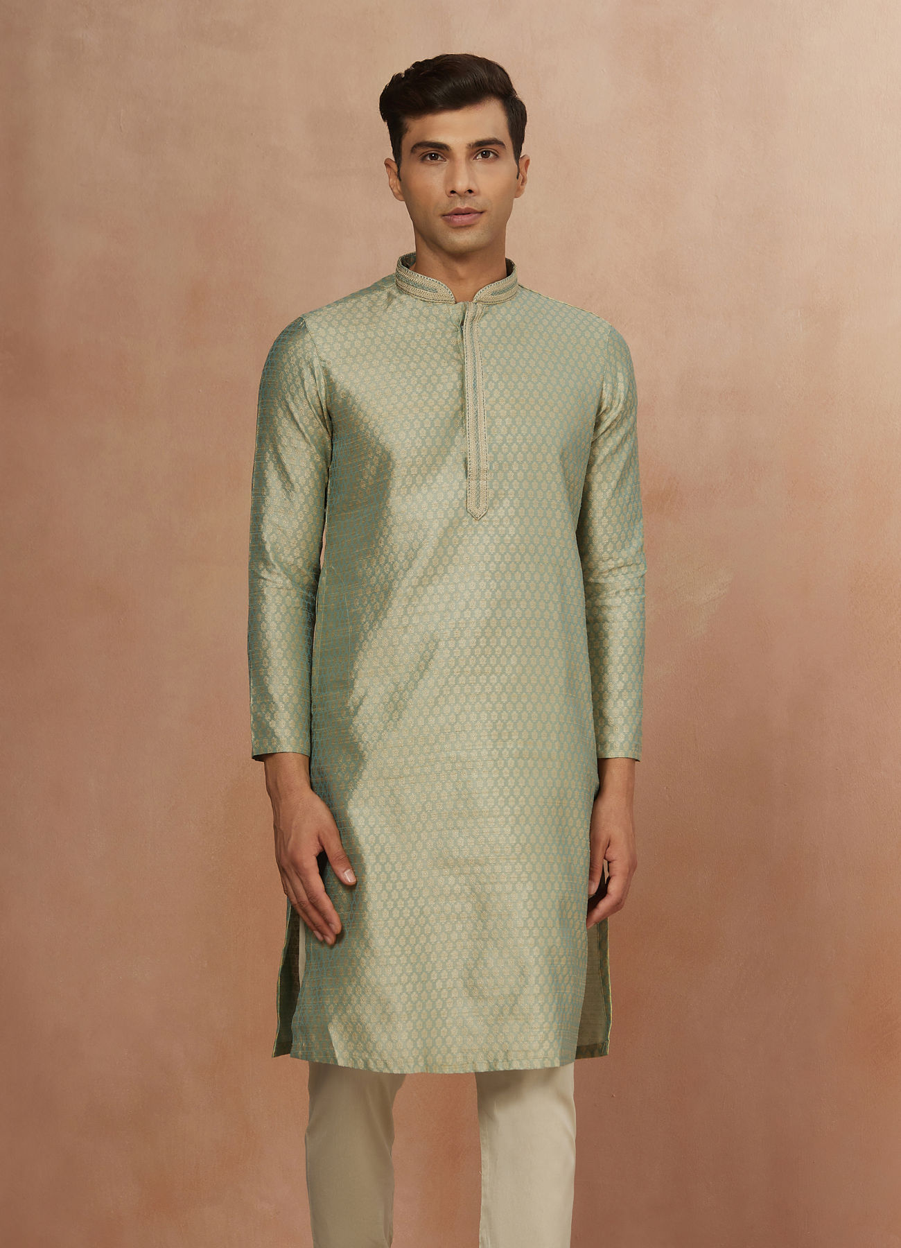 Manyavar Men Fern Green Jacquard Kurta Pajama