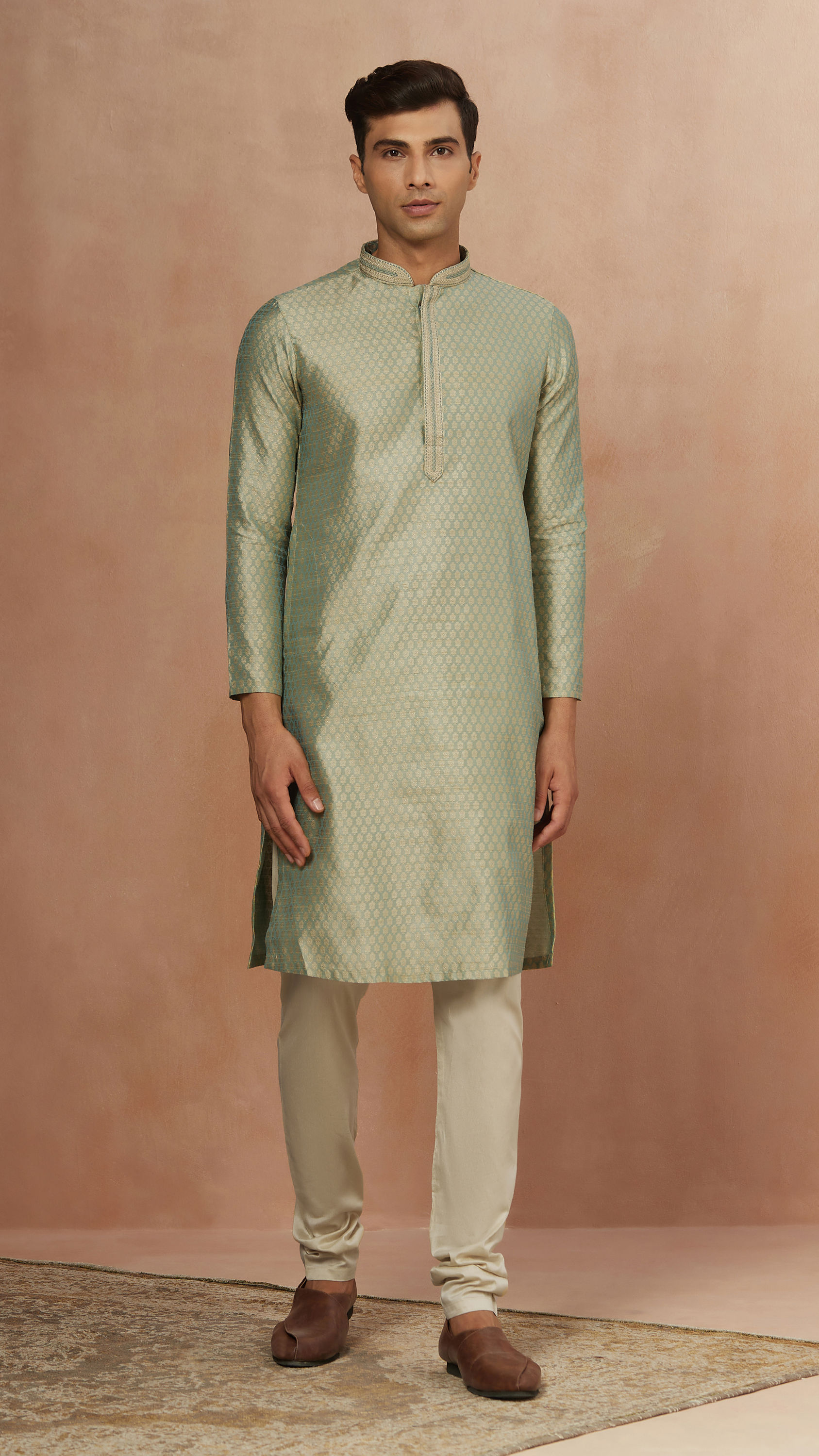 Manyavar Men Fern Green Jacquard Kurta Pajama