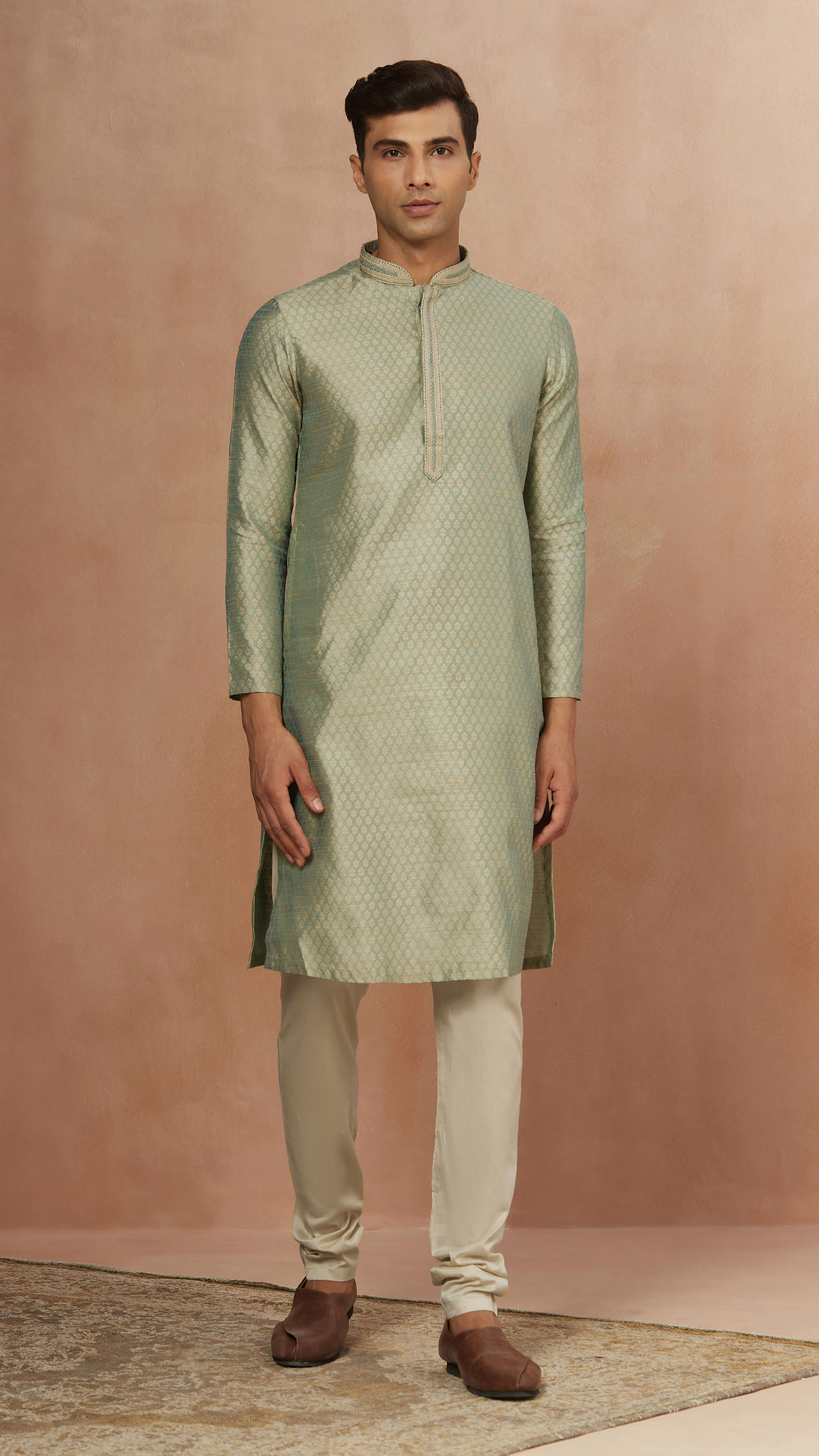 Manyavar Men Fern Green Jacquard Kurta Pajama