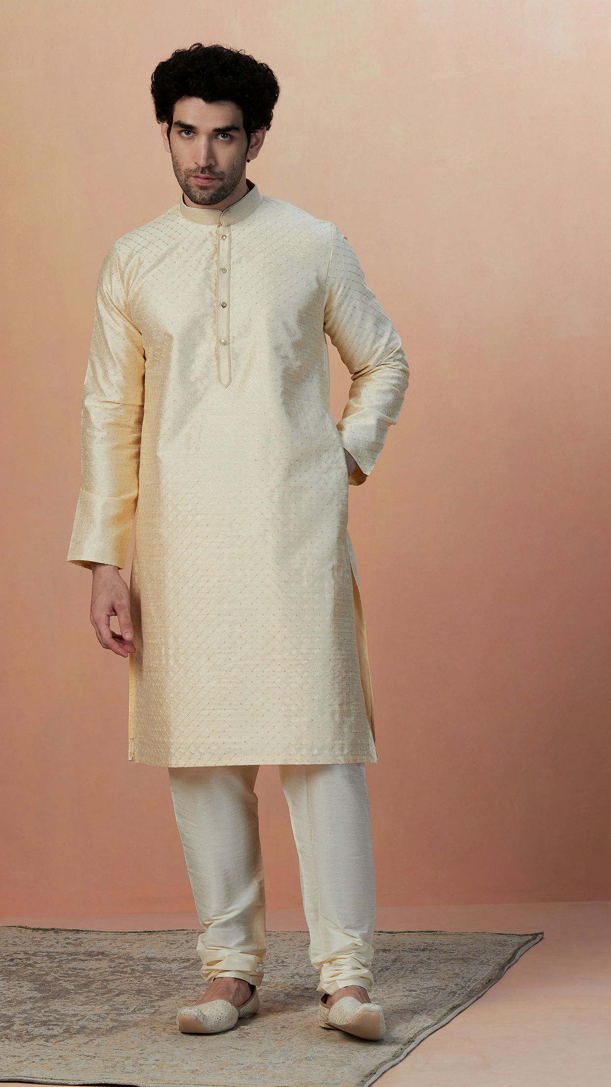 Buy Light Cream Embroidered Kurta Set Online in India @Manyavar - Kurta ...