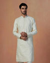 alt message - Manyavar Men White Self Design Kurta Pajama image number 1