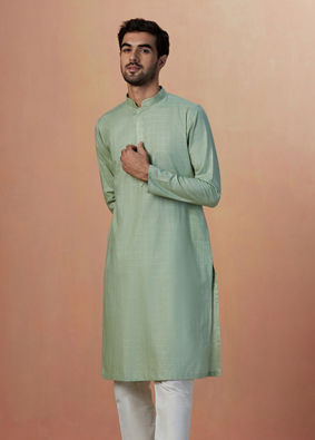 alt message - Manyavar Men Sage Green Self Checquered Kurta Pajama image number 1