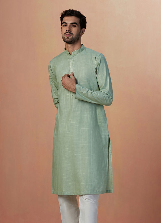 Manyavar Men Sage Green Self Checquered Kurta Pajama image number 1