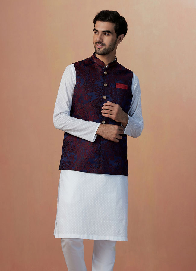 alt message - Manyavar Men Maroon And Blue Contrast Jacket image number 1