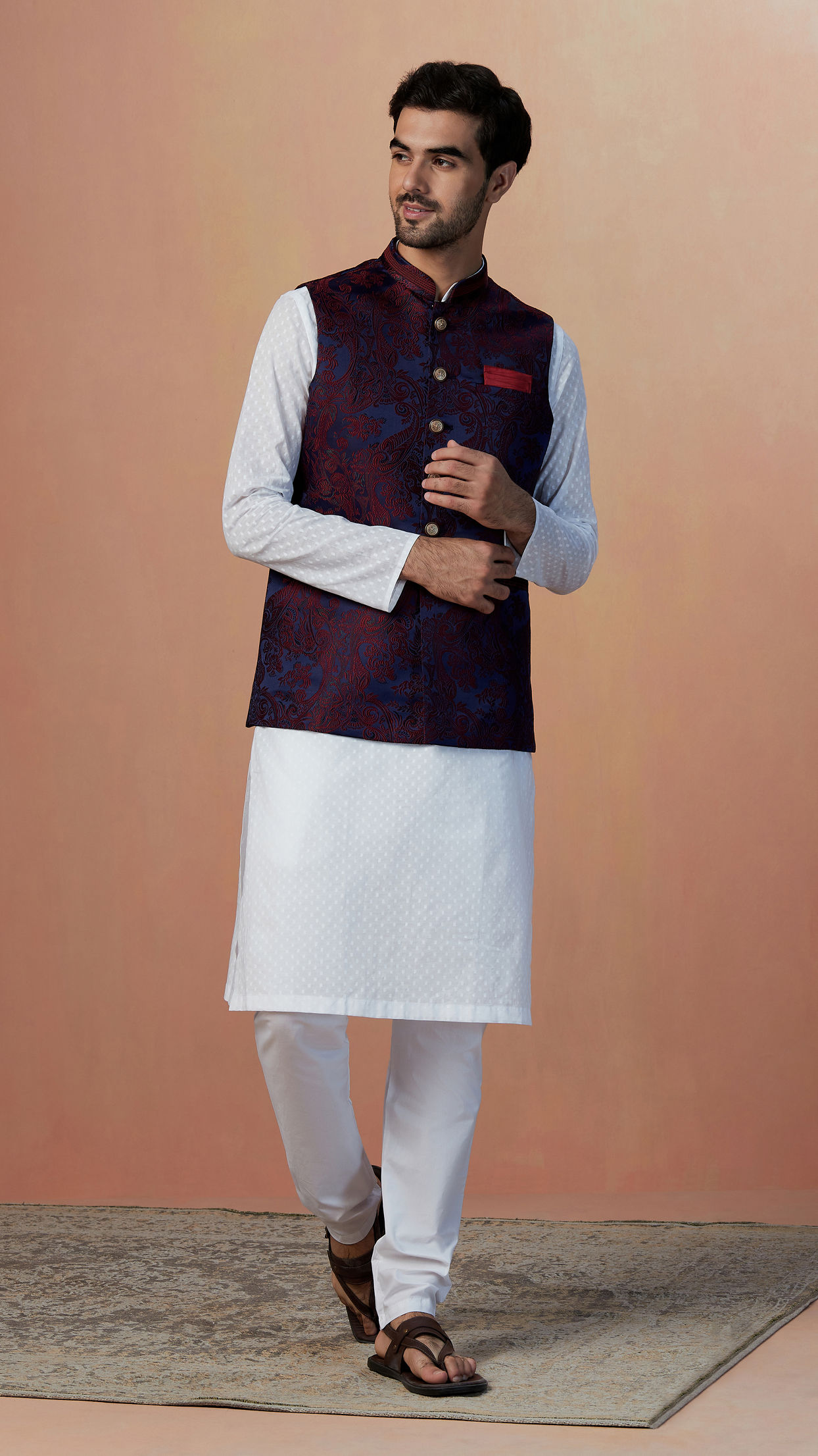 alt message - Manyavar Men Maroon And Blue Contrast Jacket image number 1