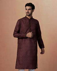 Manyavar Men Wine Floral Print Kurta Set