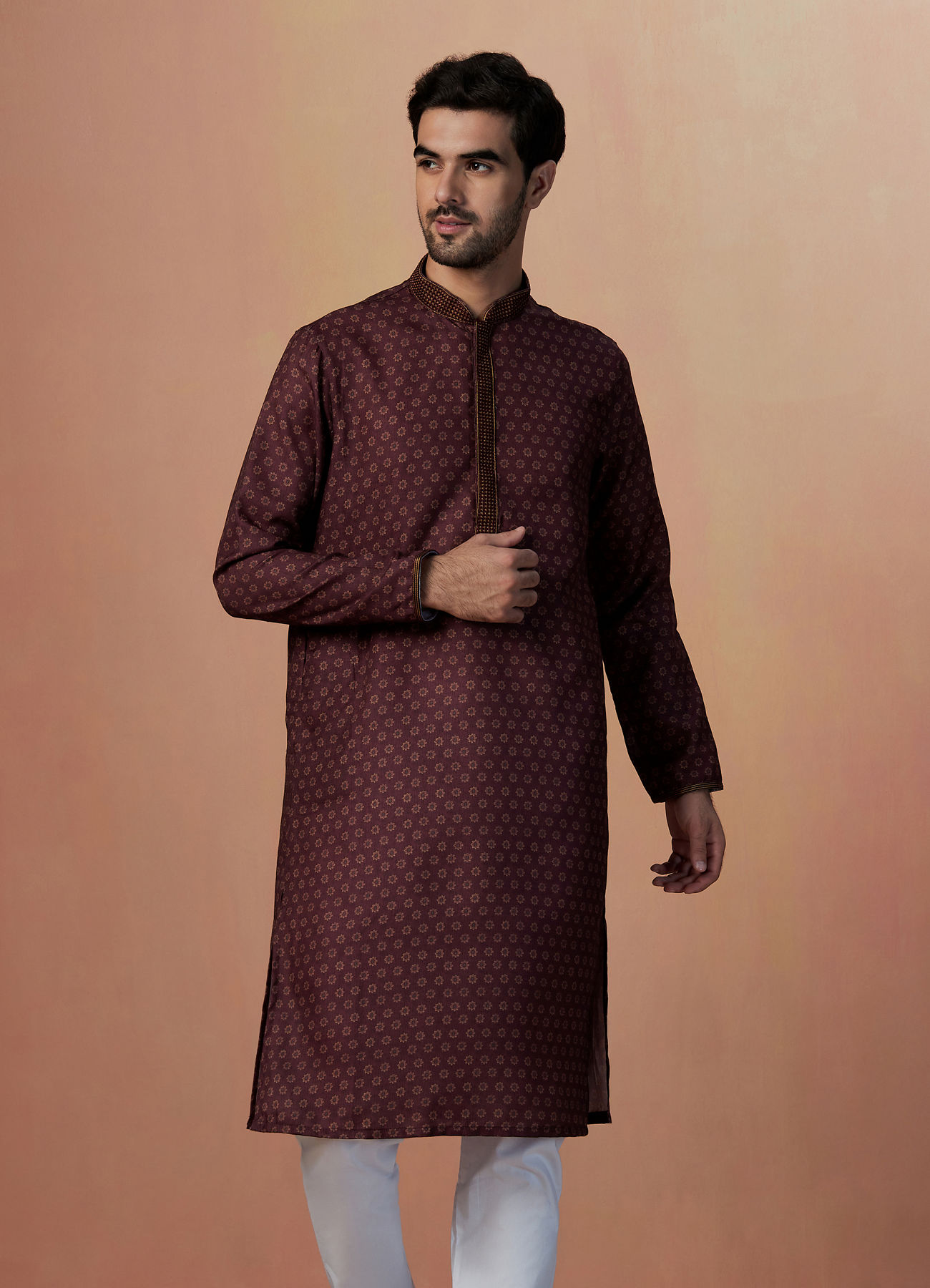 Manyavar Men Wine Floral Print Kurta Set