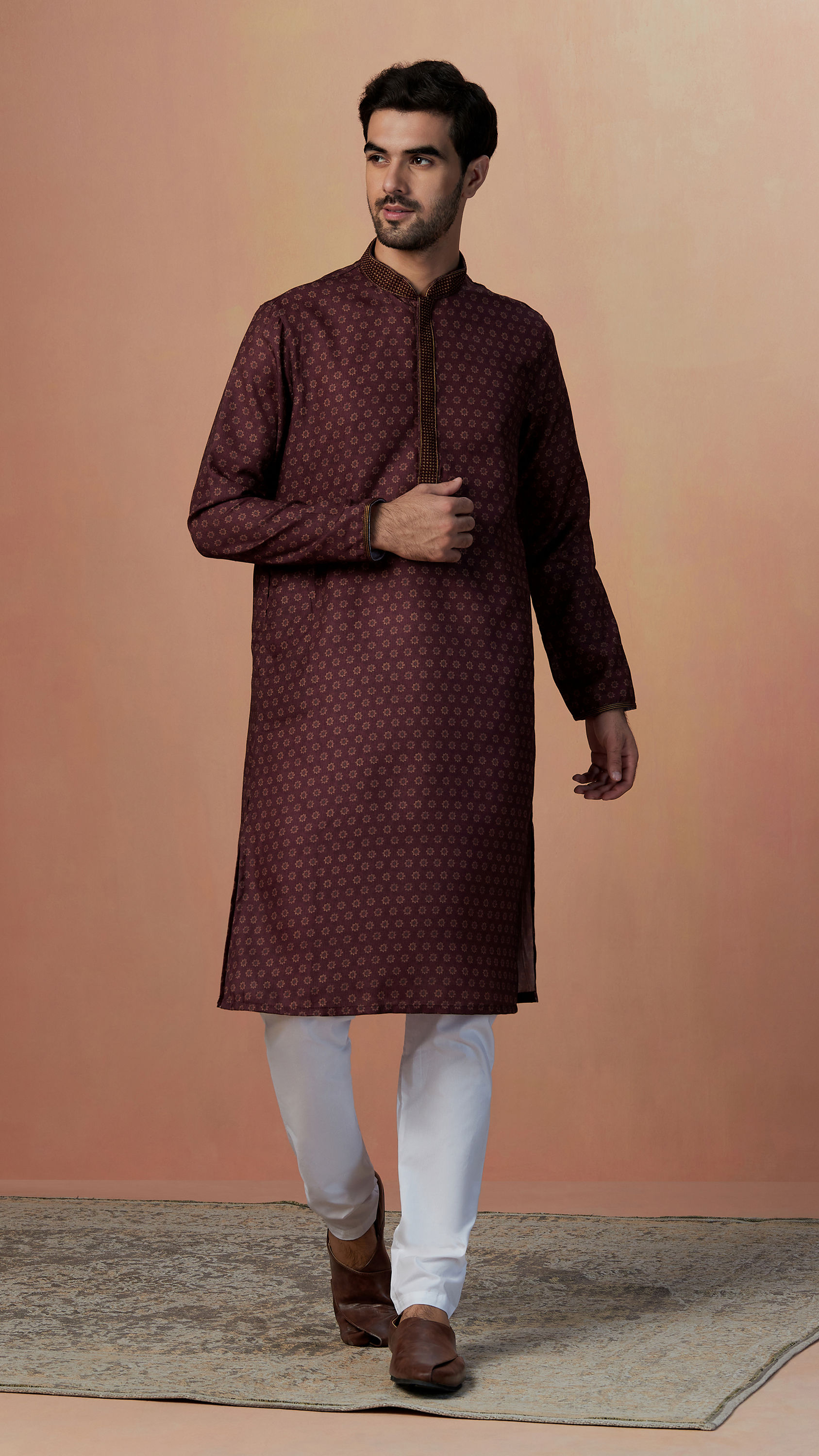 Manyavar Men Wine Floral Print Kurta Set