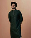 alt message - Manyavar Men Bottle Green Booti Print Kurta Pajama image number 1