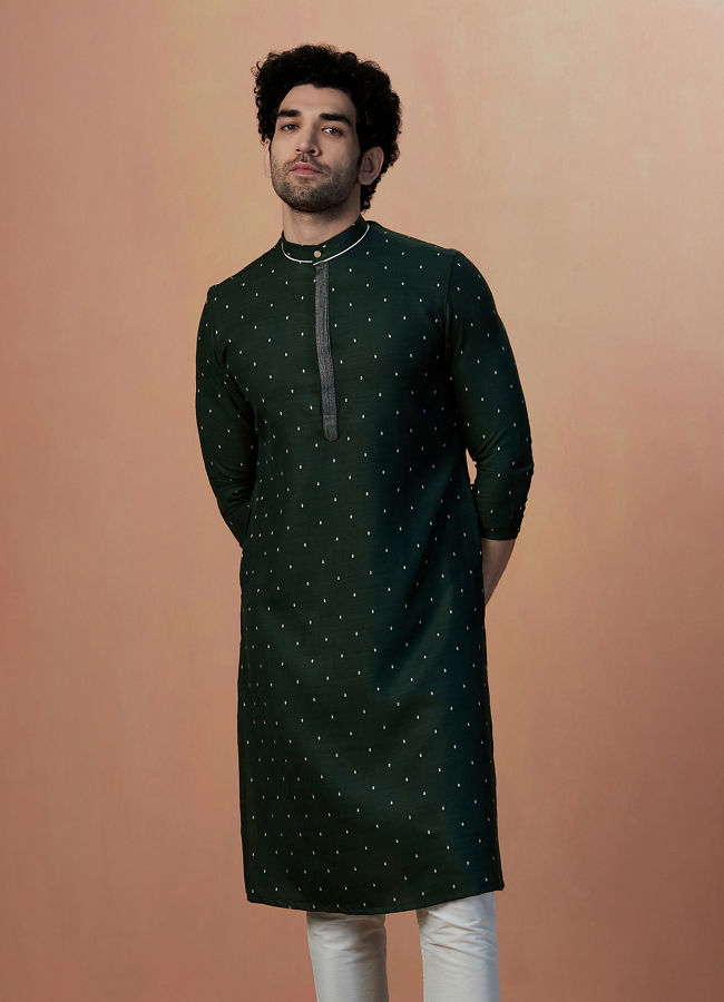 alt message - Manyavar Men Bottle Green Booti Print Kurta Pajama image number 1