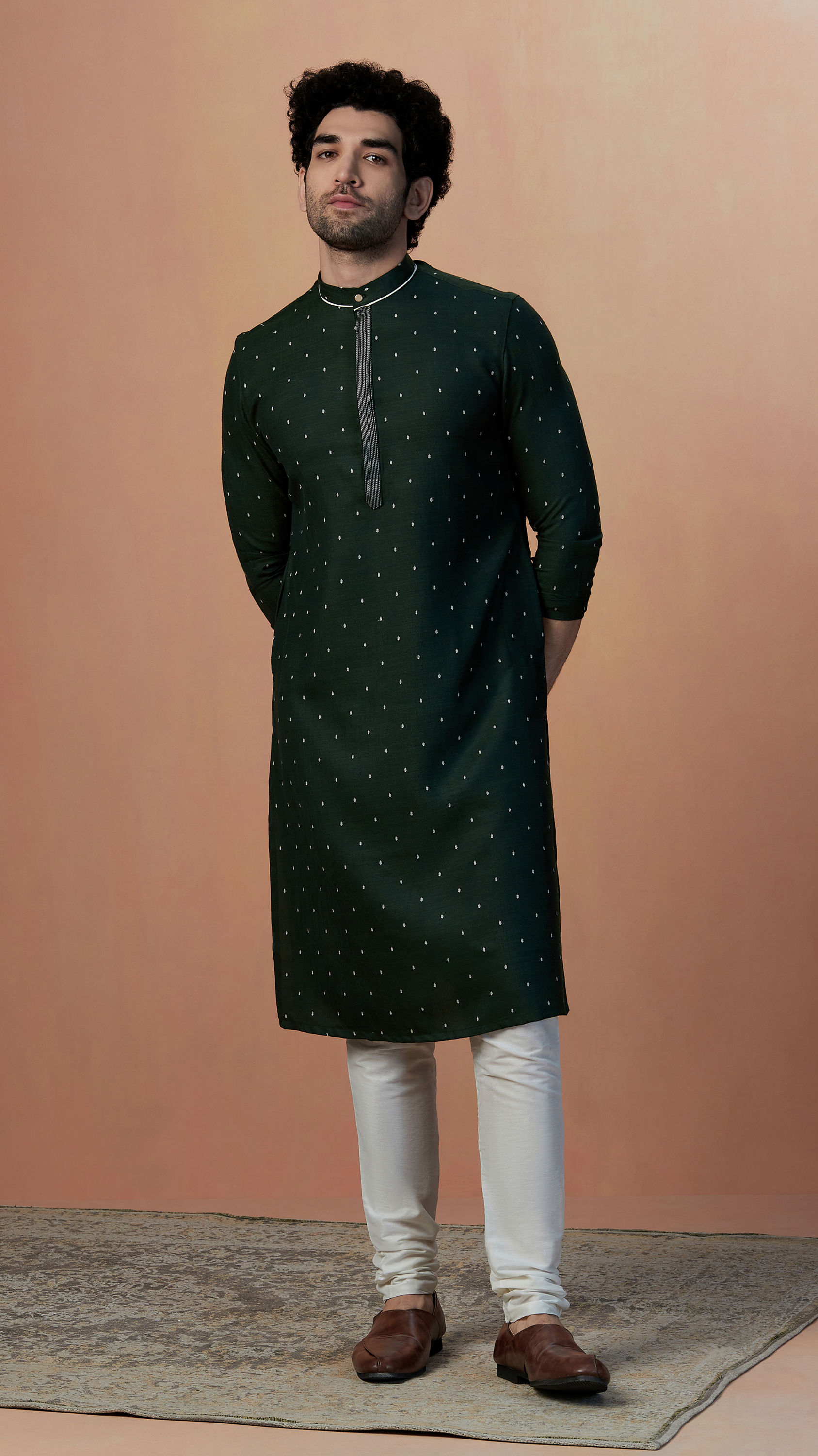 Manyavar Men Bottle Green Booti Print Kurta Pajama