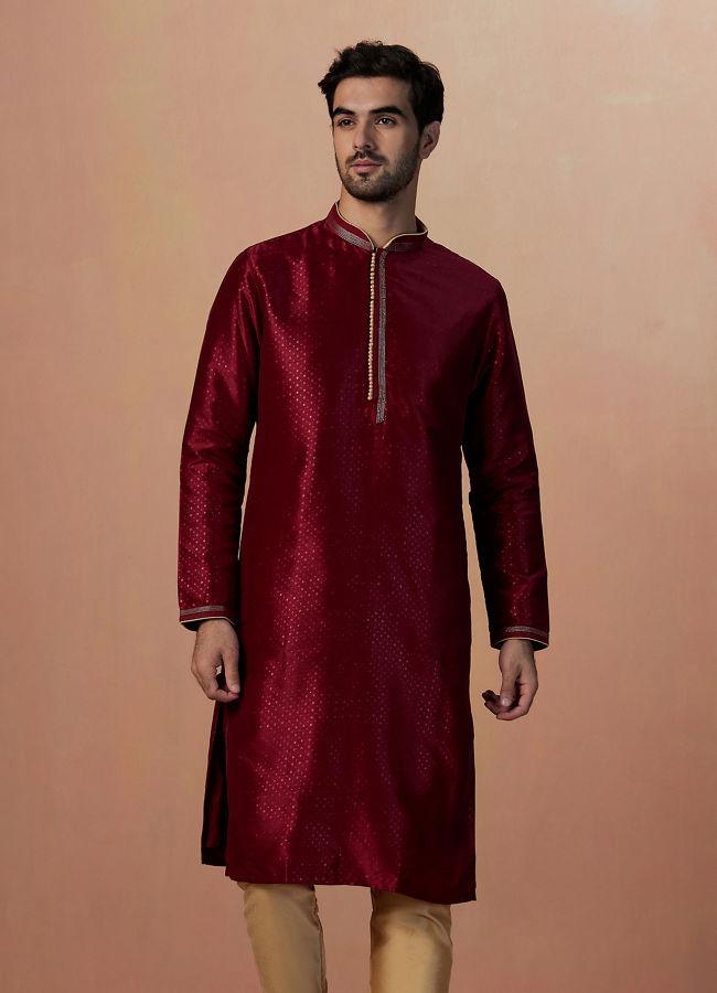 alt message - Manyavar Men Maroon Golden Booti Kurta Pajama image number 1