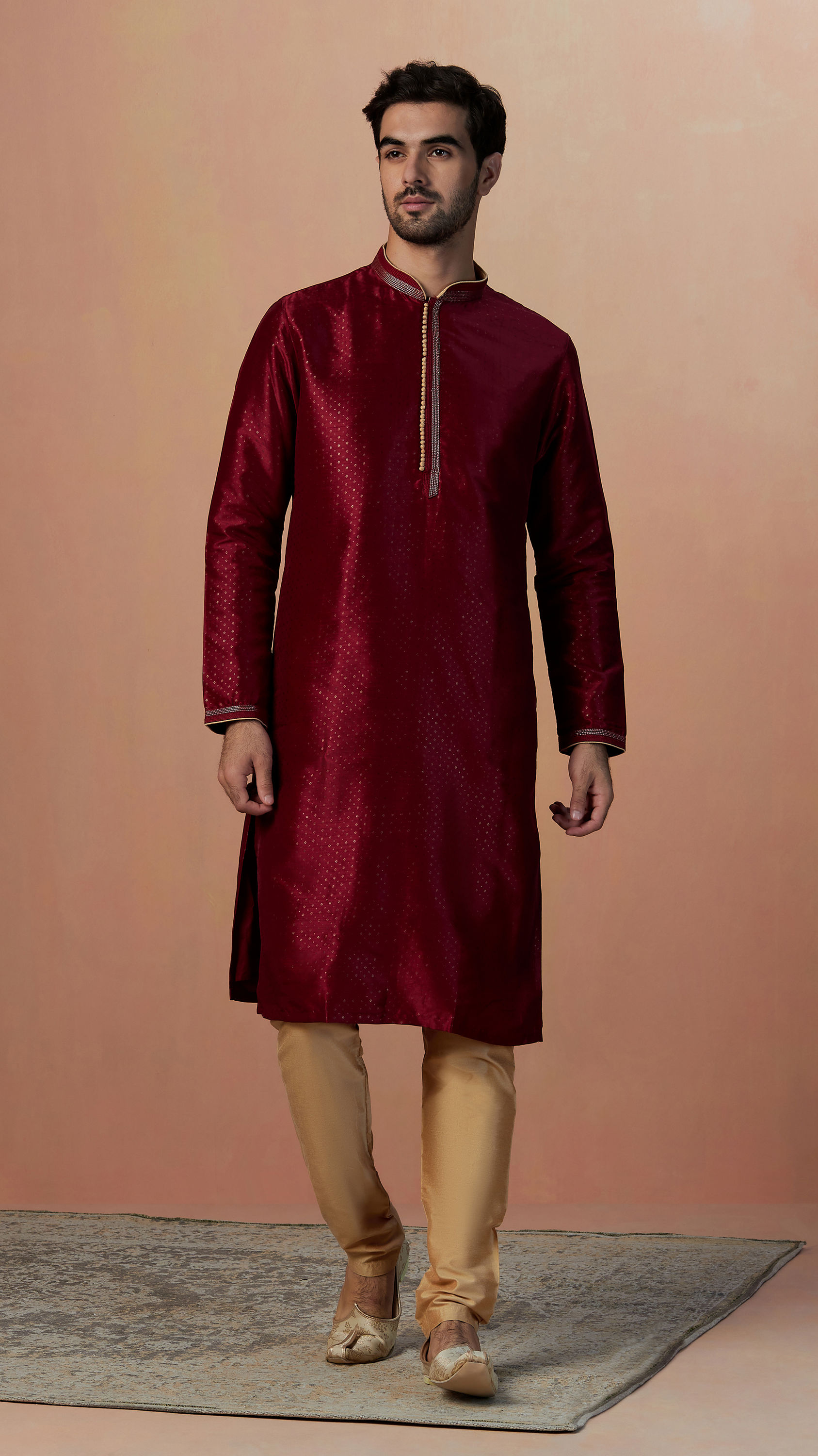 Manyavar Men Maroon Golden Booti Kurta Pajama