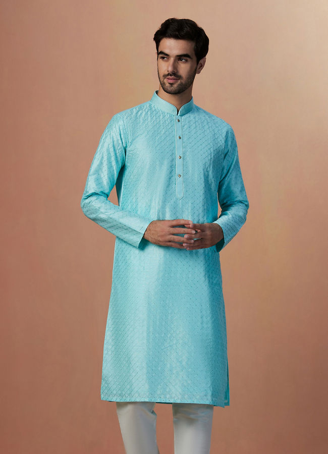 alt message - Manyavar Men Sea Green Embroidered Kurta Set image number 1