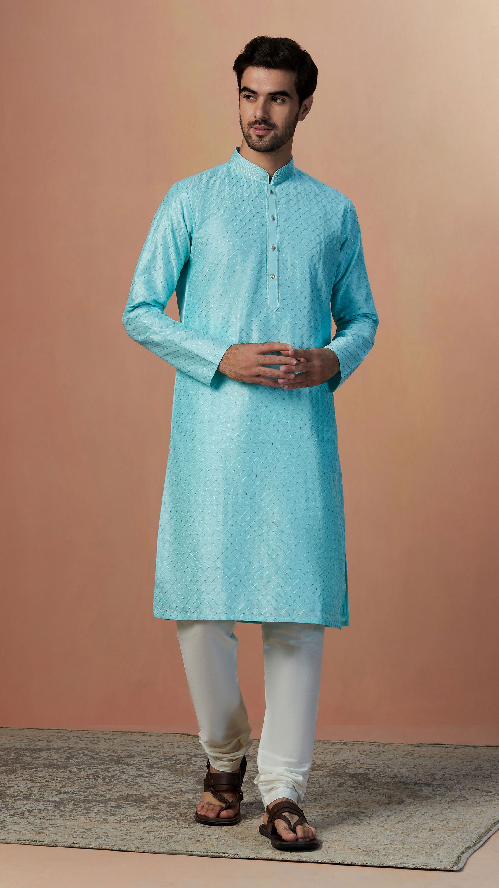 Manyavar Men Sea Green Embroidered Kurta Set