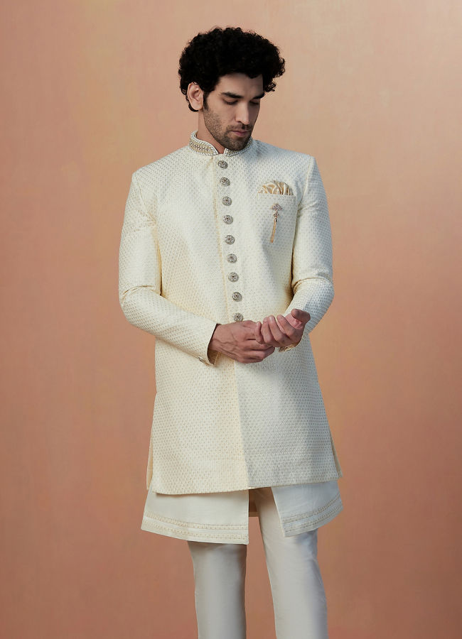 Manyavar Men Off White Sequins Embroidered Indo Western
