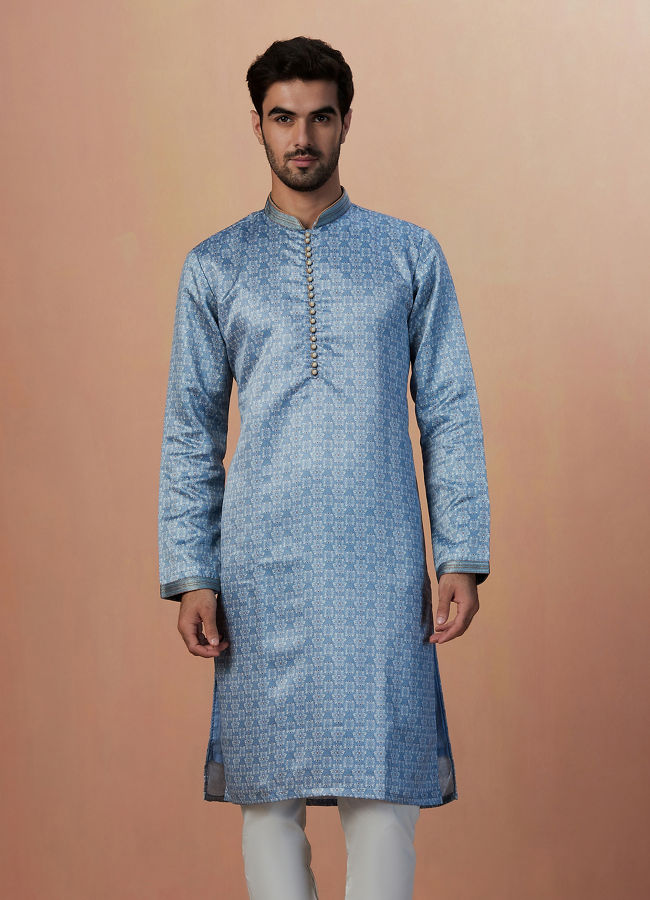 Manyavar Men Sky Blue Printed Kurta Set