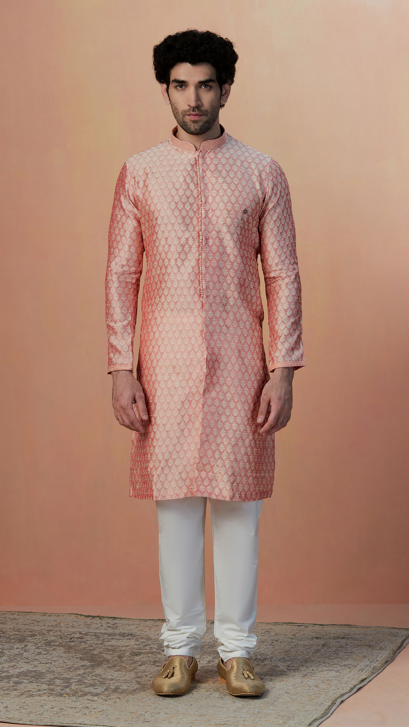 Manyavar Men Pink Self Design Kurta Pajama