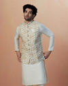 Manyavar Men Light Cream Self Design Kurta Jacket Set