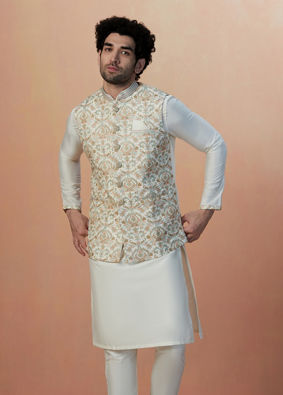 alt message - Manyavar Men Light Cream Self Design Kurta Jacket Set image number 3