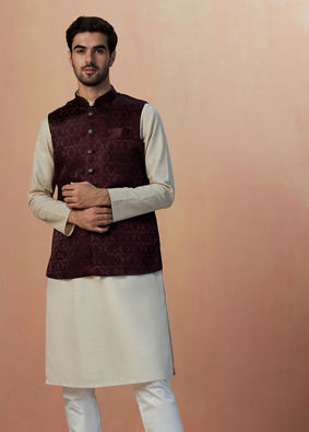 Manyavar Men Wine Self Design Jacket image number 1