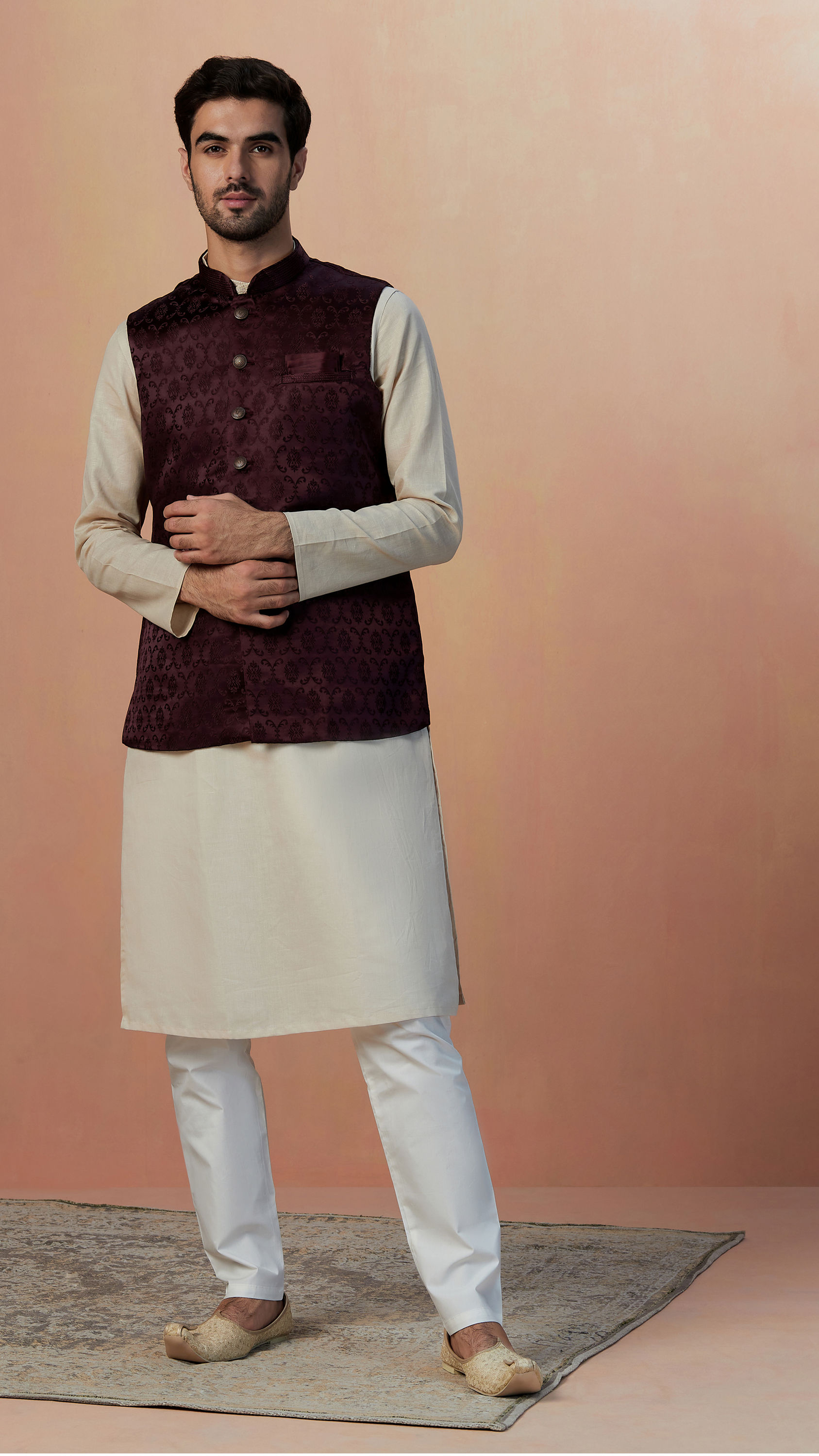 Manyavar Men Wine Self Design Jacket