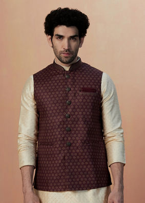 Manyavar Men Maroon Floral Print Jacket image number 0