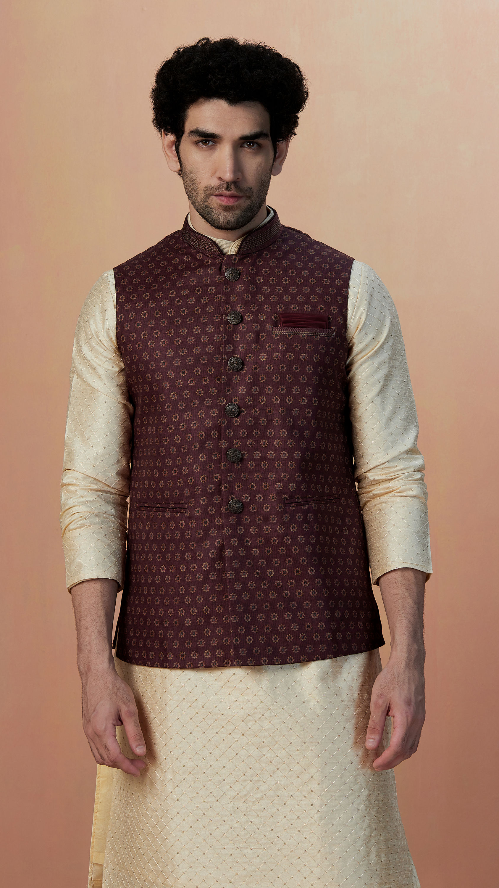 Manyavar Men Maroon Floral Print Jacket