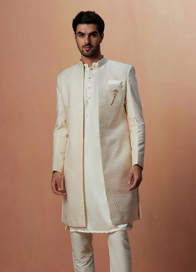 Manyavar Men Off White Self Design Jacket Indo Western