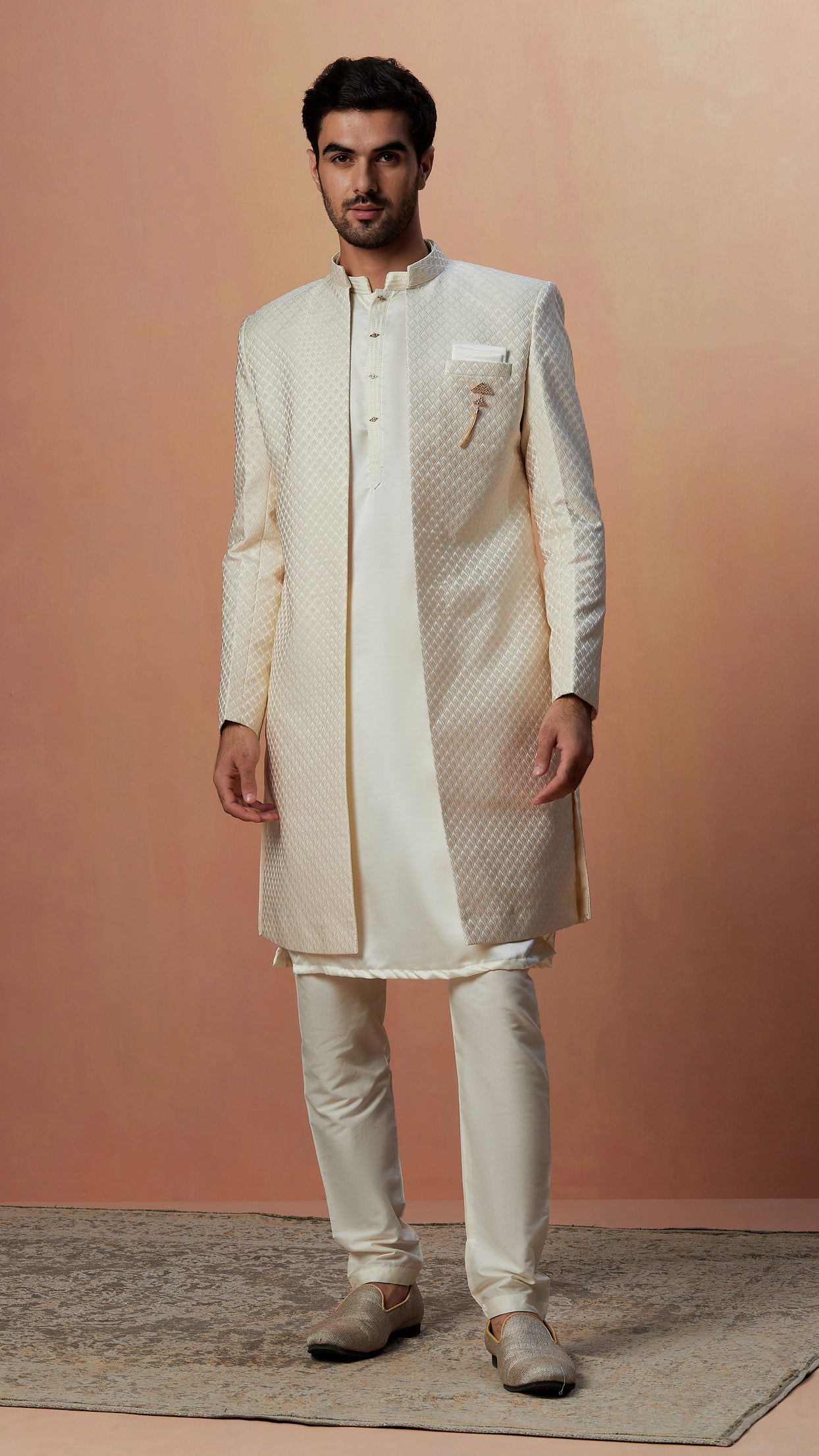Manyavar Men Off White Self Design Jacket Indo Western