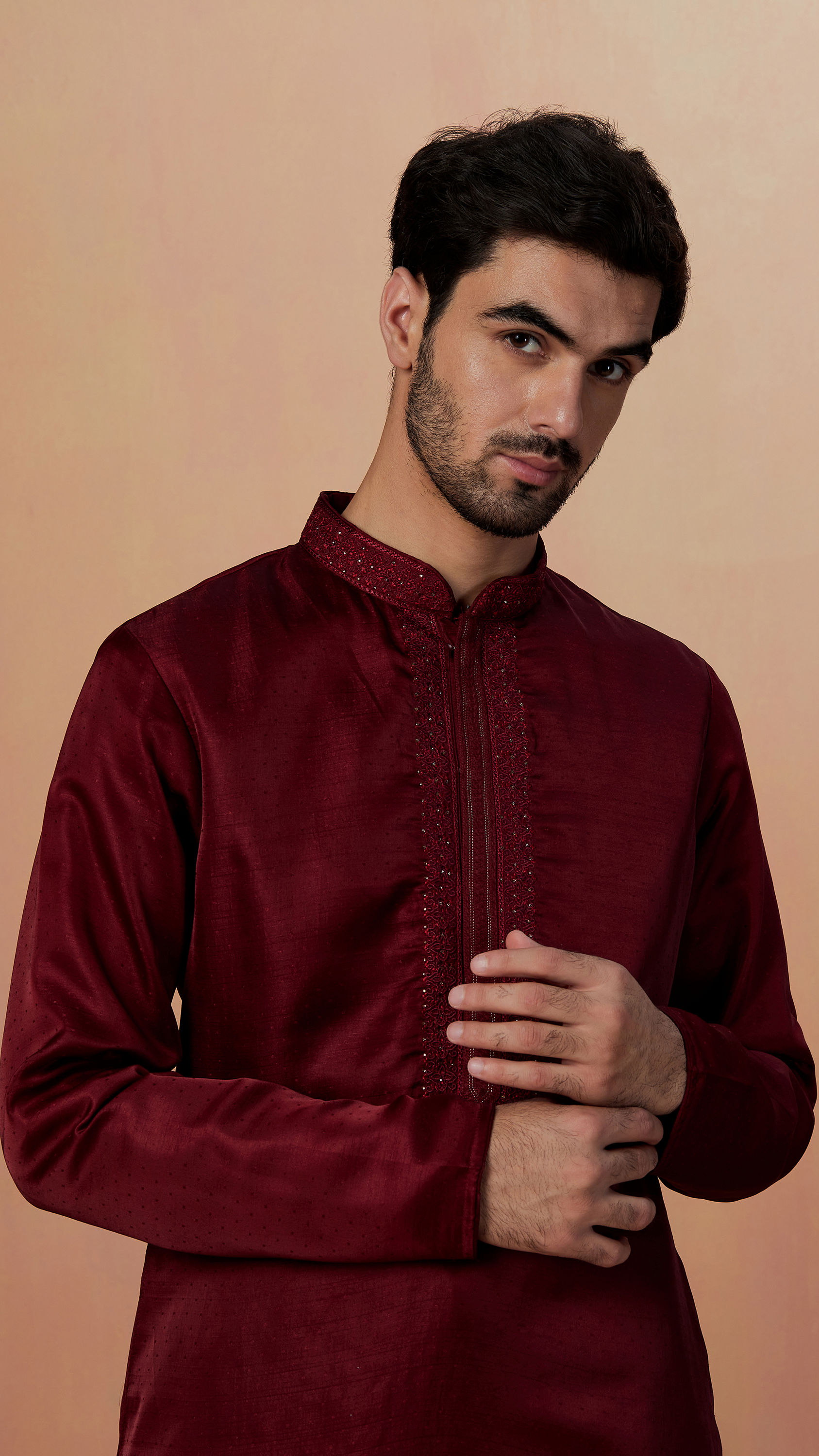 Manyavar Men Maroon Self Booti Kurta Pajama