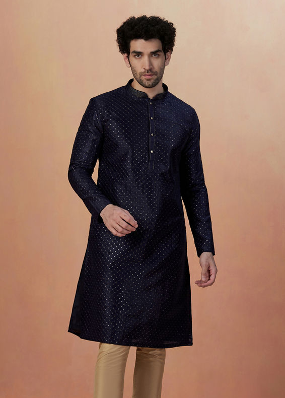Manyavar Men Dark Blue Sequins Embroidered Kurta Pajama