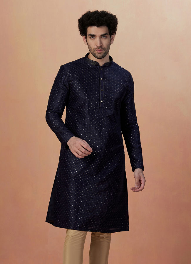 alt message - Manyavar Men Dark Blue Sequins Embroidered Kurta Pajama image number 1