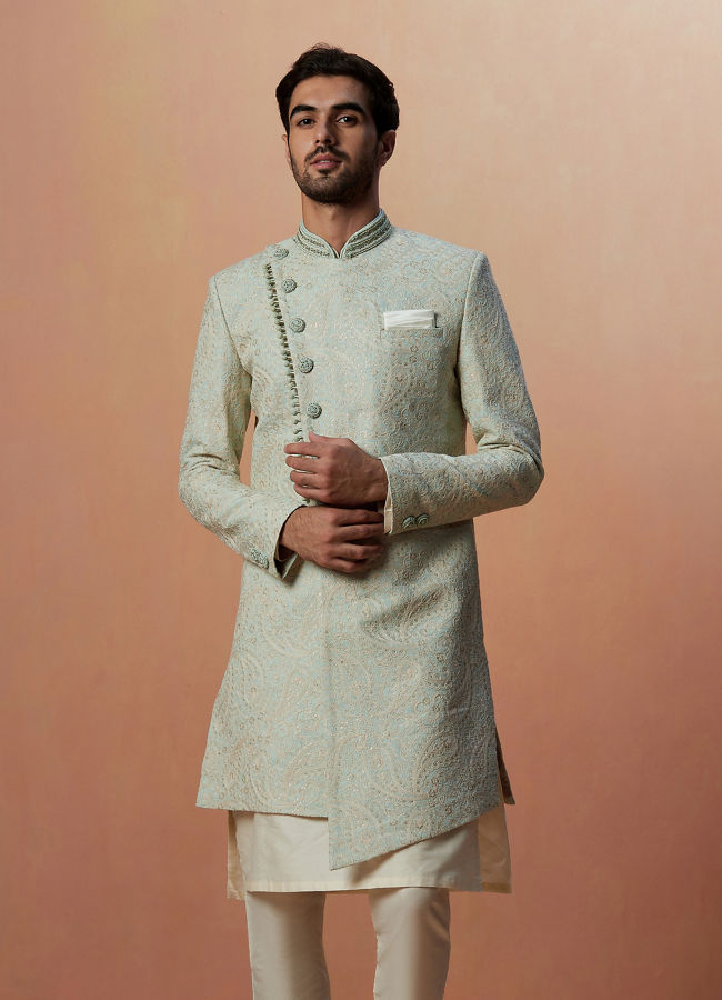 Manyavar Men Sage Green Self Design Indo Western