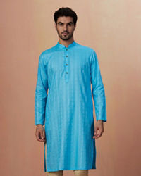 Manyavar Men Sky Blue Self Chequered Kurta Pajama