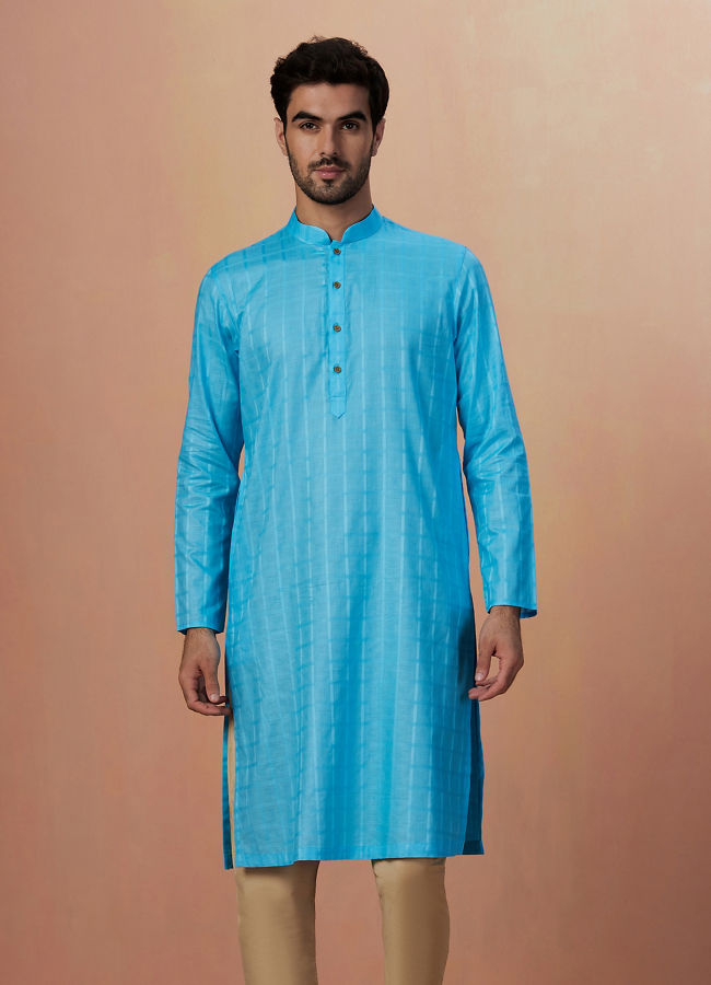 Manyavar Men Sky Blue Self Chequered Kurta Pajama image number 1