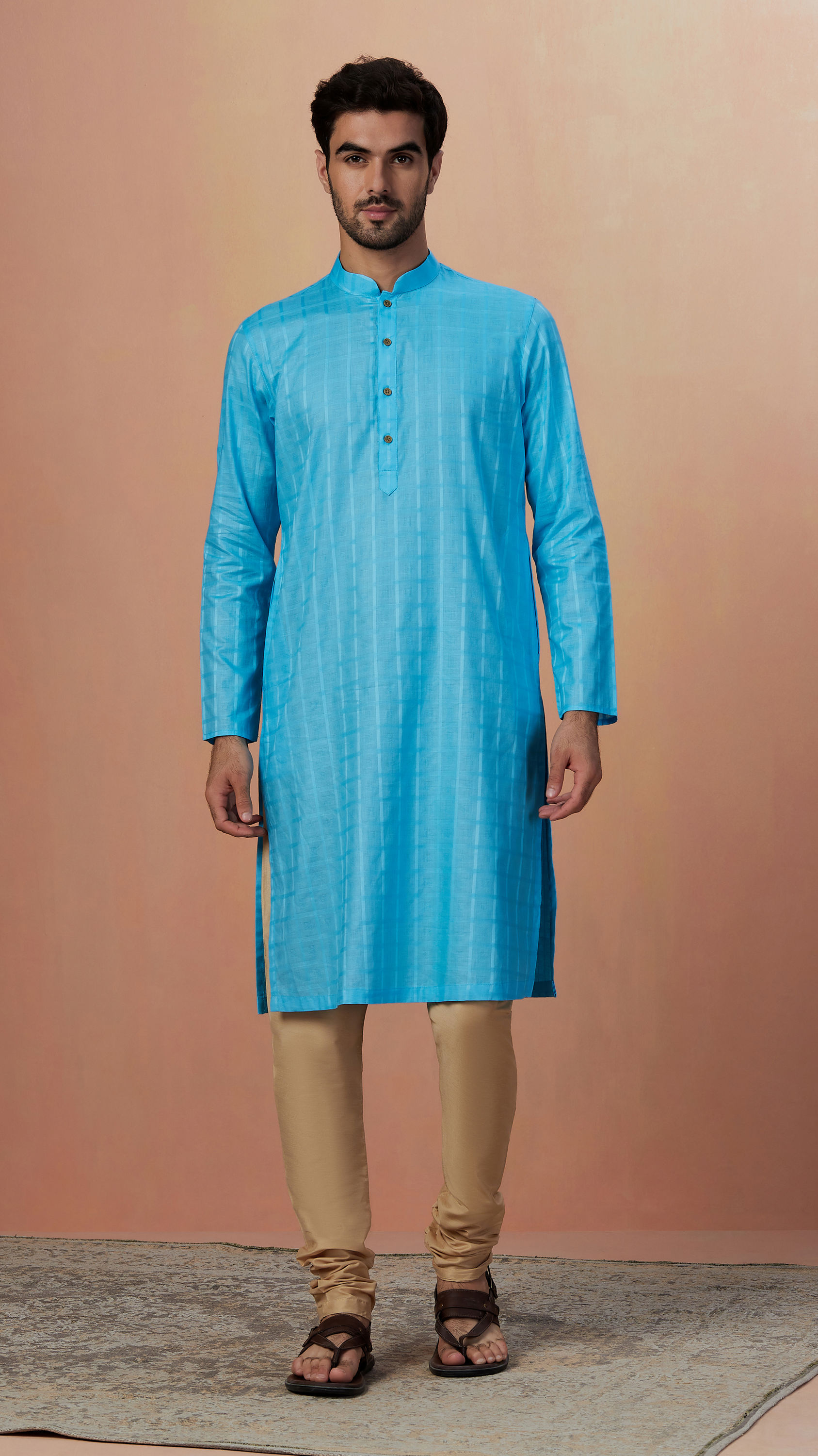 Manyavar Men Sky Blue Self Chequered Kurta Pajama