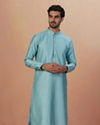 alt message - Manyavar Men Sea Green Kurta Pajama With Golden Motifs image number 1