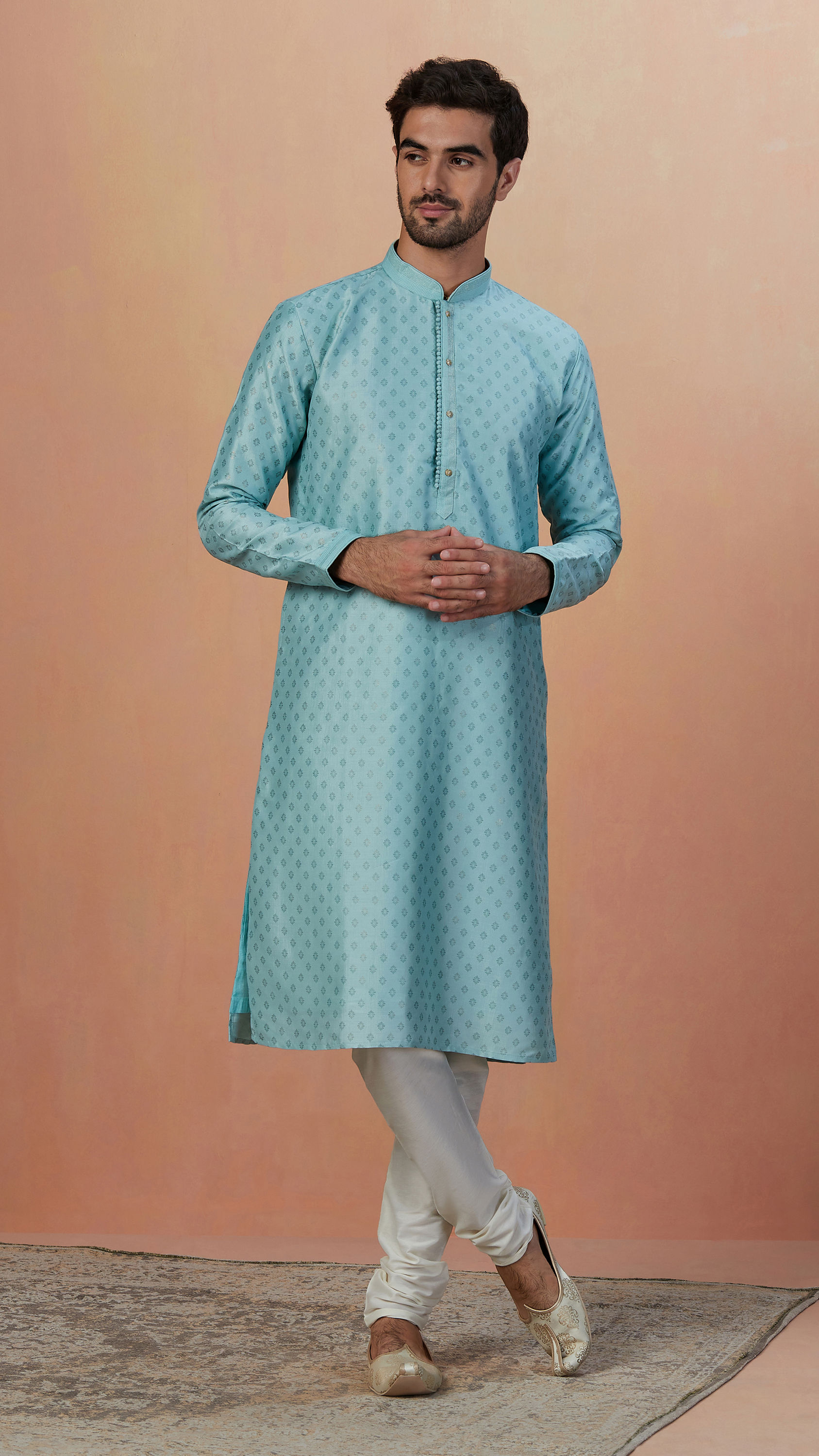 Manyavar Men Sea Green Kurta Pajama With Golden Motifs