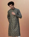 alt message - Manyavar Men Smoke Grey Printed Kurta Pajama image number 1