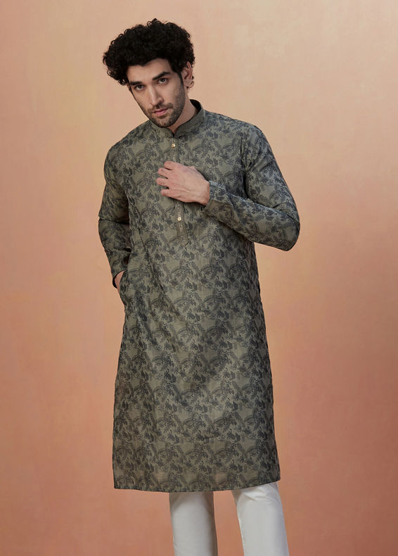 Manyavar Men Smoke Grey Printed Kurta Pajama