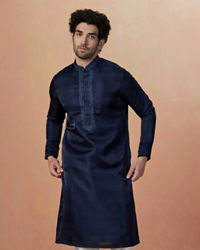 Manyavar Men Navy Blue Self Booti Kurta Pajama