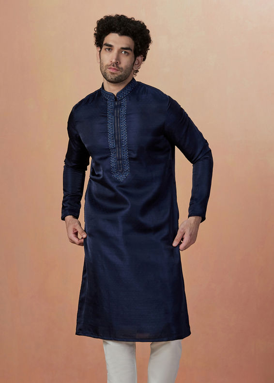 Manyavar Men Navy Blue Self Booti Kurta Pajama