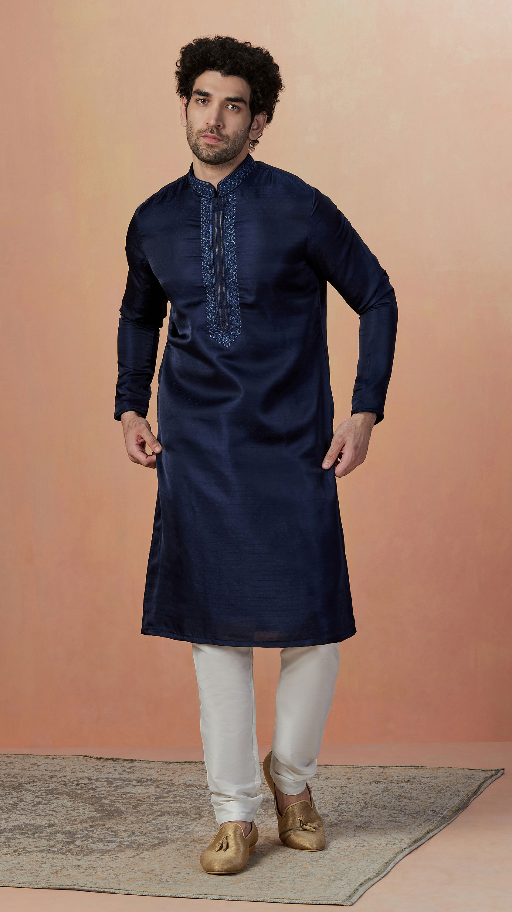 Manyavar Men Navy Blue Self Booti Kurta Pajama